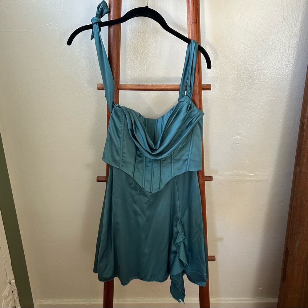 Oh Polly Teal Satin Dress
